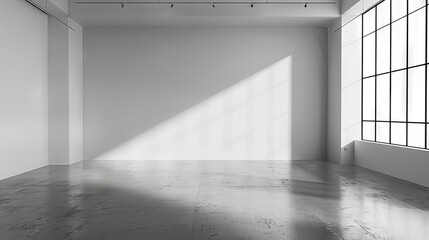 Modern empty gallery space with natural light and shadow play - obrazy, fototapety, plakaty