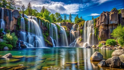 waterfall on the edge of the lake with views of tall trees and clear skies