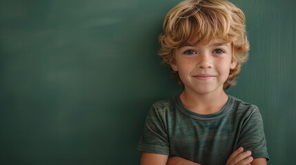 Young Boy Standing in Front of Chalkboard - obrazy, fototapety, plakaty