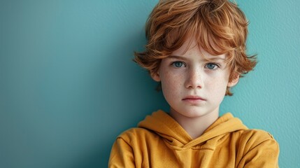 Young Boy in Yellow Hoodie Leaning Against Blue Wall