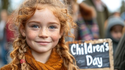 Young Girl Holding Childrens Day Sign