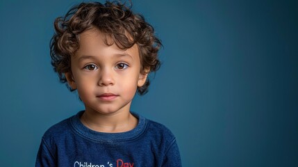 Little Boy With Curly Hair in Blue Shirt