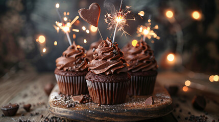 Chocolate Cupcake With Sparkler And Hearts