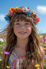 Young Girl With Flower Crown in Field of Flowers