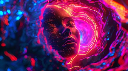 Surreal digital art portrait of adult face with neon glow and abstract patterns