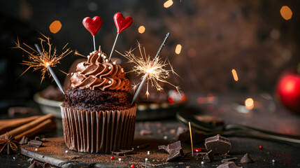 Chocolate Cupcake With Sparkler And Hearts