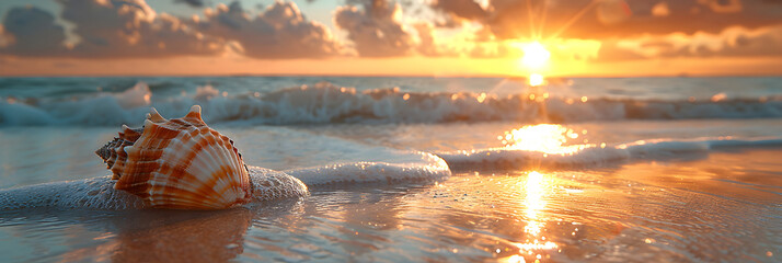Golden Sunset over Ocean with Seashell on Shore,
Sea Shell at the beach 3d image 
