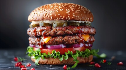 Close up of a hamburger with lettuce, tomatoes, onions, and cheese on a table