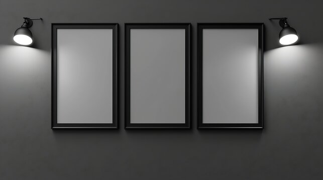 Blank picture frames on grey wall with glowing lamp mock up : Generative AI