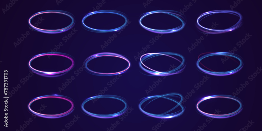 Poster set of neon blurry light circles at motion . vector swirl trail effect. abstract vector fire circles