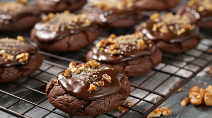 Chocolate glazed cookies sprinkled with walnuts
