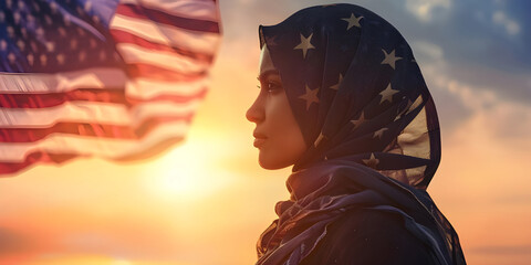 Muslim woman in scarf with American flag of at sunset background - Ai Generated