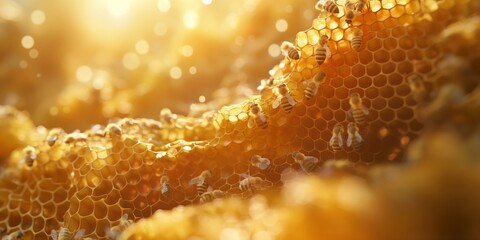 A vibrant, close-up capture of bees on a honeycomb, highlighting the concept of teamwork and cooperation in nature