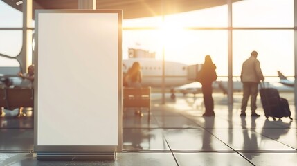 Blank mock up of vertical street poster billboard on Airport Background with plane passengers : Generative AI