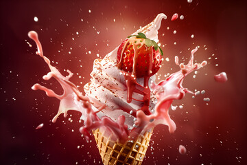 Waffle cone of sweet ice cream with strawberry and splashes of milk and syrup on a light background