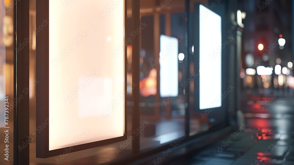Poster blank white posters in the window on night empty city street mock up 3d render : generative ai