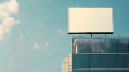 A big blank Billboard mockup for advertisement on the top of modern office building with blue sky background with clipping path : Generative AI