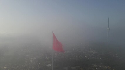 Turkish Flag in the Foggy Morning Drone Video Uskudar, Istanbul  Turkiye (Turkey)