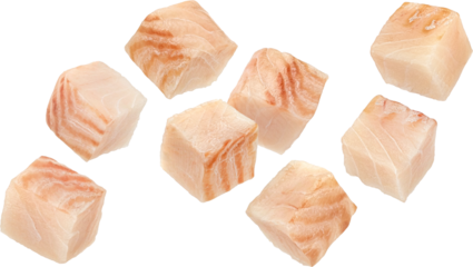 Falling cod fish fillet cubes isolated