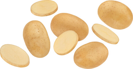 Falling potato slices isolated on white background