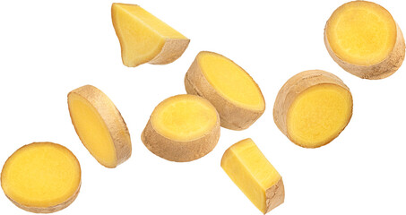 Ginger root slices isolated