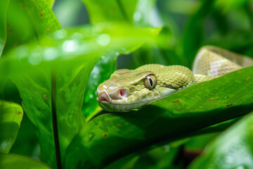 A venomous snake camouflaged among verdant foliage