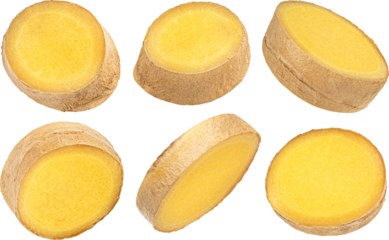 Ginger root slices isolated on white background