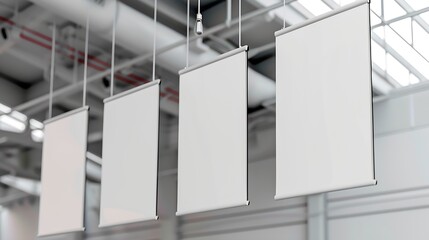 Blank White Supermarket Banners Hanging From Ceiling Hangers Mockup Ready For Branding Or Advertising : Generative AI