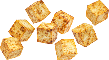 Falling fried tofu cubes isolated on white background