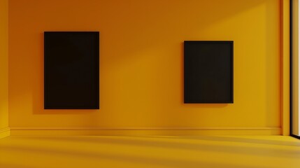 Two mock ups of restaurant street black signboards on yellow wall : Generative AI