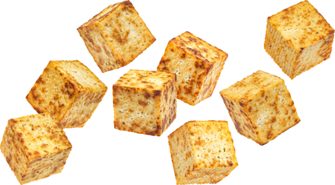 Falling fried tofu cubes isolated on white background