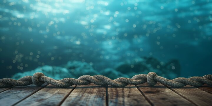 A serene underwater view with glistening sun rays, featuring an old rope on a wooden dock