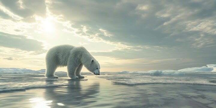 A majestic polar bear walks on thinning ice in the Arctic, symbolizing climate change and its impact