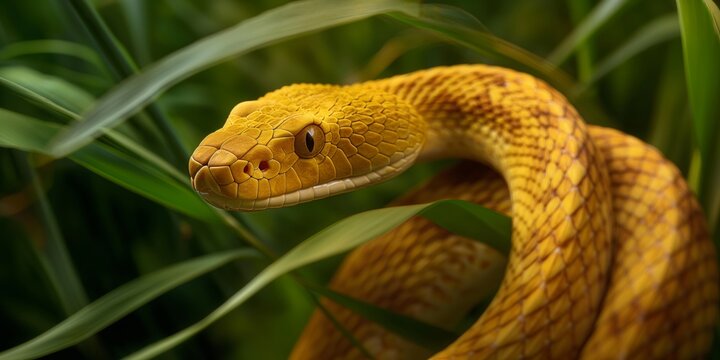 A captivating close-up shot of a vibrant yellow python in its natural habitat, expressing stealth and danger