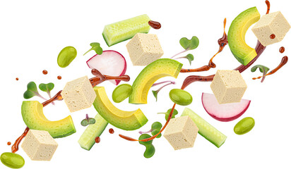 Tofu poke ingredients isolated on white background