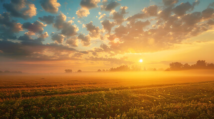 Naklejka na ściany i meble Rural Countryside Sunrise With Misty Field