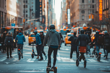 A city scene highlighting individuals commuting on electric scooters, epitomizing modern urban mobility