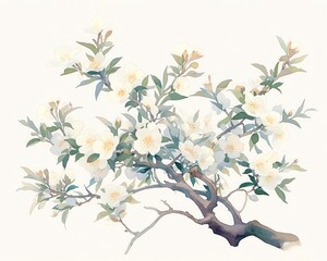 A rustic illustration of a Bitter Almond tree, source of cyanide, muted greens and pastel blooms, white background, vivid watercolor, 