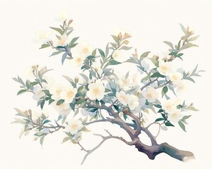 Obraz premium A rustic illustration of a Bitter Almond tree, source of cyanide, muted greens and pastel blooms, white background, vivid watercolor, 