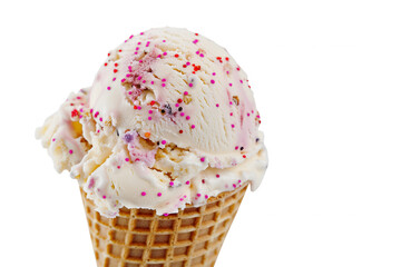 Waffle cone of sweet ice cream with vanilla on a light background