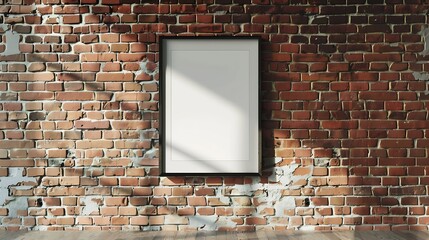 Blank picture frame on brick wall with copy space framed poster mockup Distressed red brick wall texture grunge background Empty picture frame banner or billboard : Generative AI