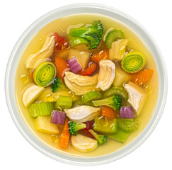 Chicken noodle soup isolated on white background, top view