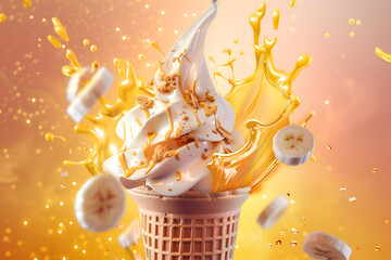 Waffle cone of sweet ice cream with banana and splashes of milk and syrup on a light background