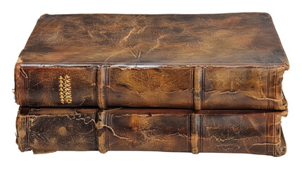 Stack of vintage leather-bound books isolated on transparent background