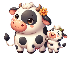 Cheerful Cartoon Cows: A Loving Mother and Her Joyful Calf Sharing a Happy Moment