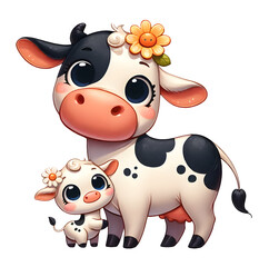 A Delighted Cartoon Cow Mother with Flower Adornment and Her Curious Calf