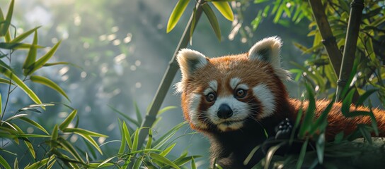 A captivating image of a red panda in its natural bamboo habitat evoking serenity