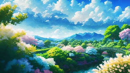 Fototapeta na wymiar Enchanted Valleys: A Serenade of Light and Blossoms