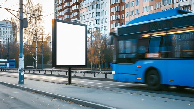 A city empty urban billboard mockup for an advertising and a blue bus passing by the template of clean urban information banner placeholder on a pavement with a trolleybus near it on t : Generative AI