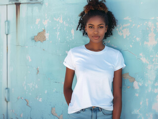 donna di nazionalità dominicana con capelli afro eche indossa una maglietta bianca semplice su sfondo neutro di muro azzurro - obrazy, fototapety, plakaty